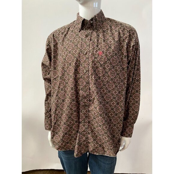 Ariat Mens M Brown & Pink Paisley Long Sleeve Western Pearl Snap Shirt - Picture 1 of 11